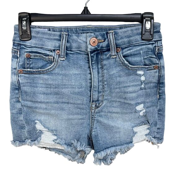 American Eagle SZ 0 Curvy Hi-Rise Shortie Jean Shorts Distressed Stretch Light - Picture 1 of 10